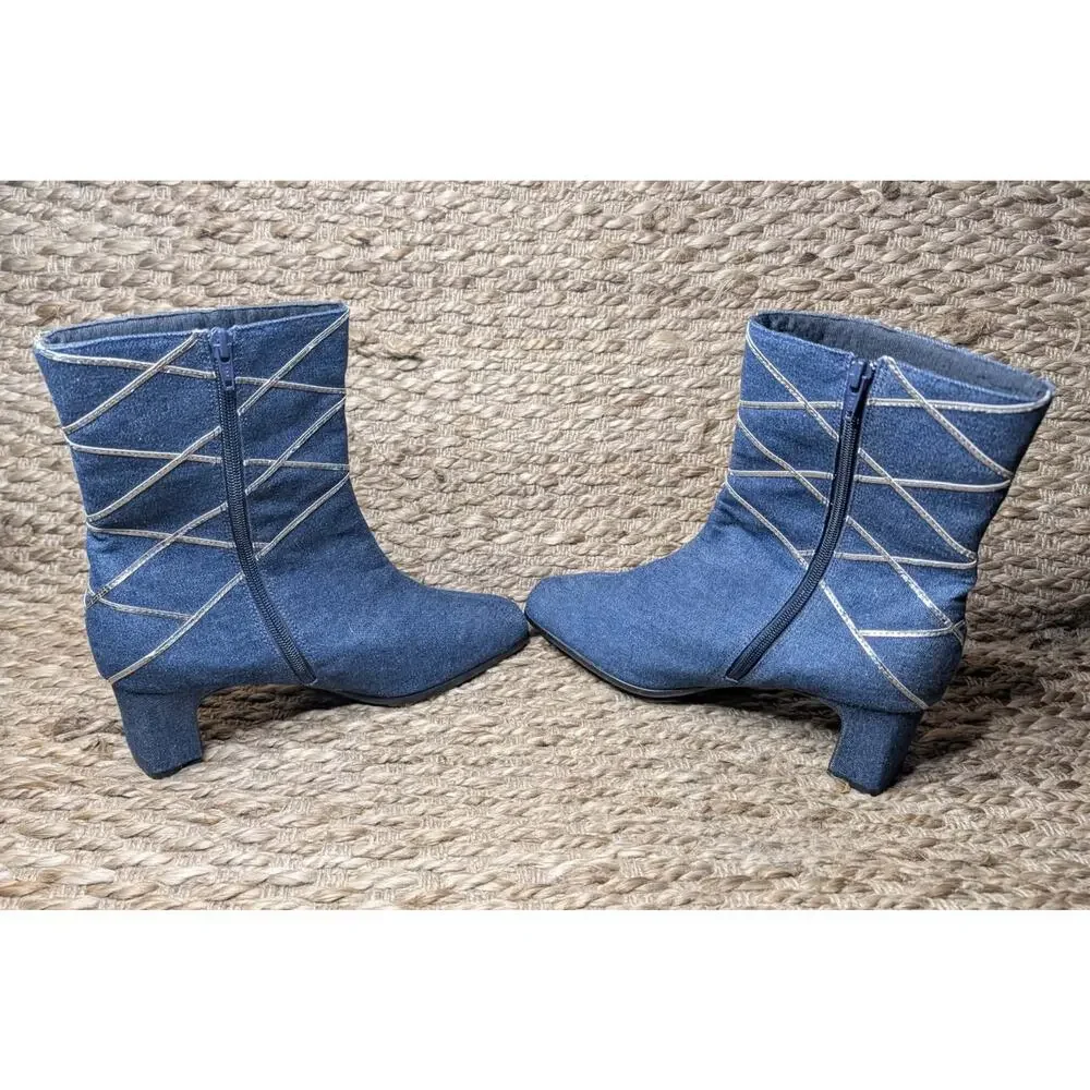 Annie Women’s Denim Blue Ankle Booties Block Heel Boots Silver Accents Sz. 11 M